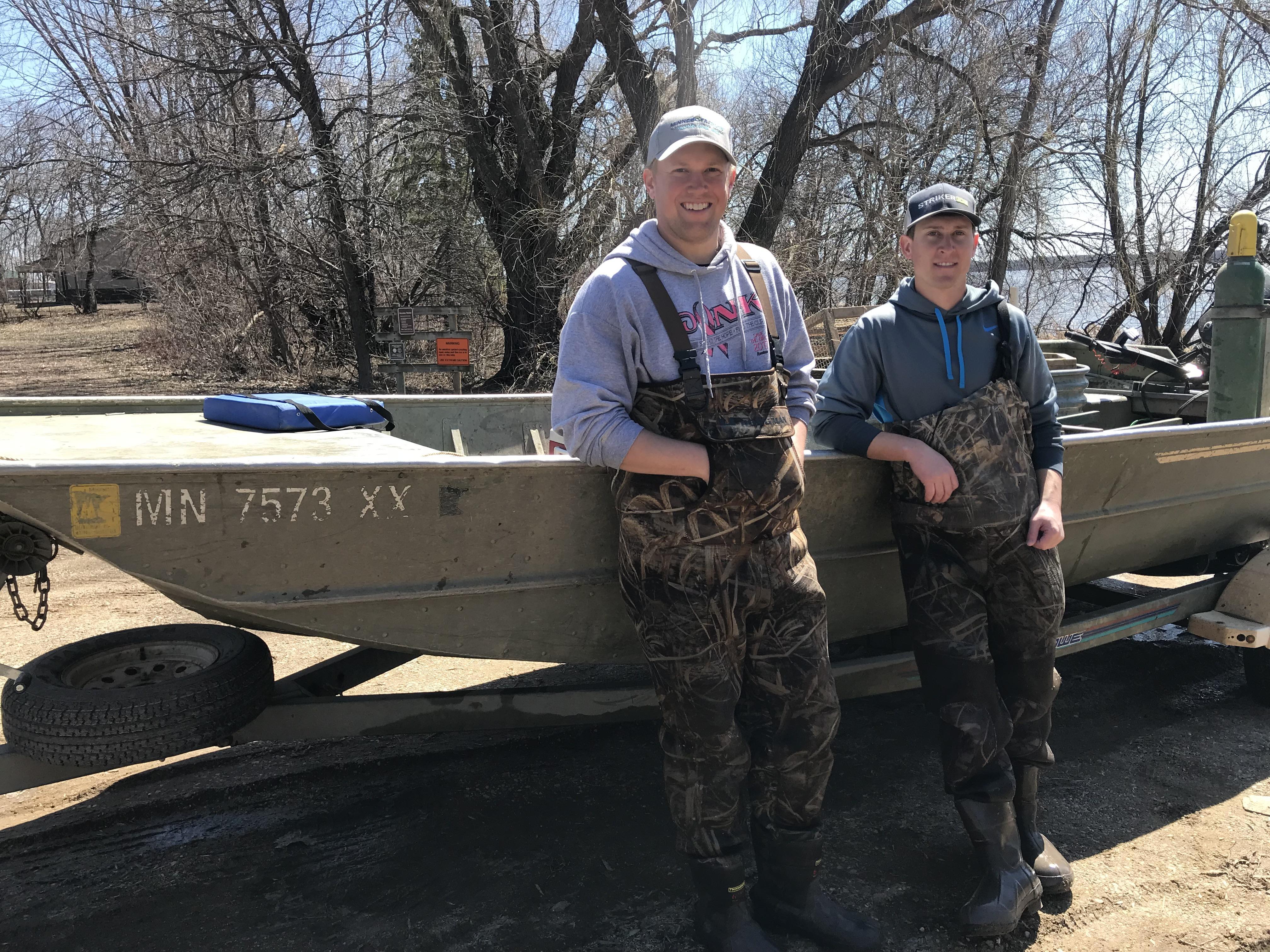 AFSCME Local 694 members Jake Rambo and Tim Swanson at Lake Elizabeth in Kandiyohi County